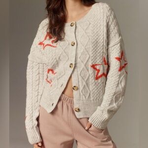 Maeve + Anthropologie Graphic Intarsia Cardigan Sweater in Grey with Red Stars